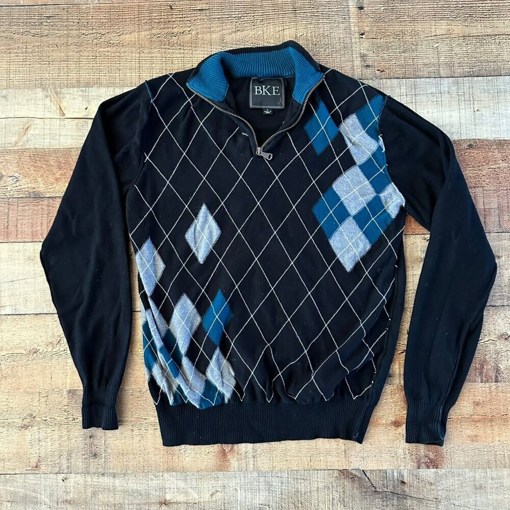 BKE black and gray argyle pattern pullover sweater top quarter zip men's L
